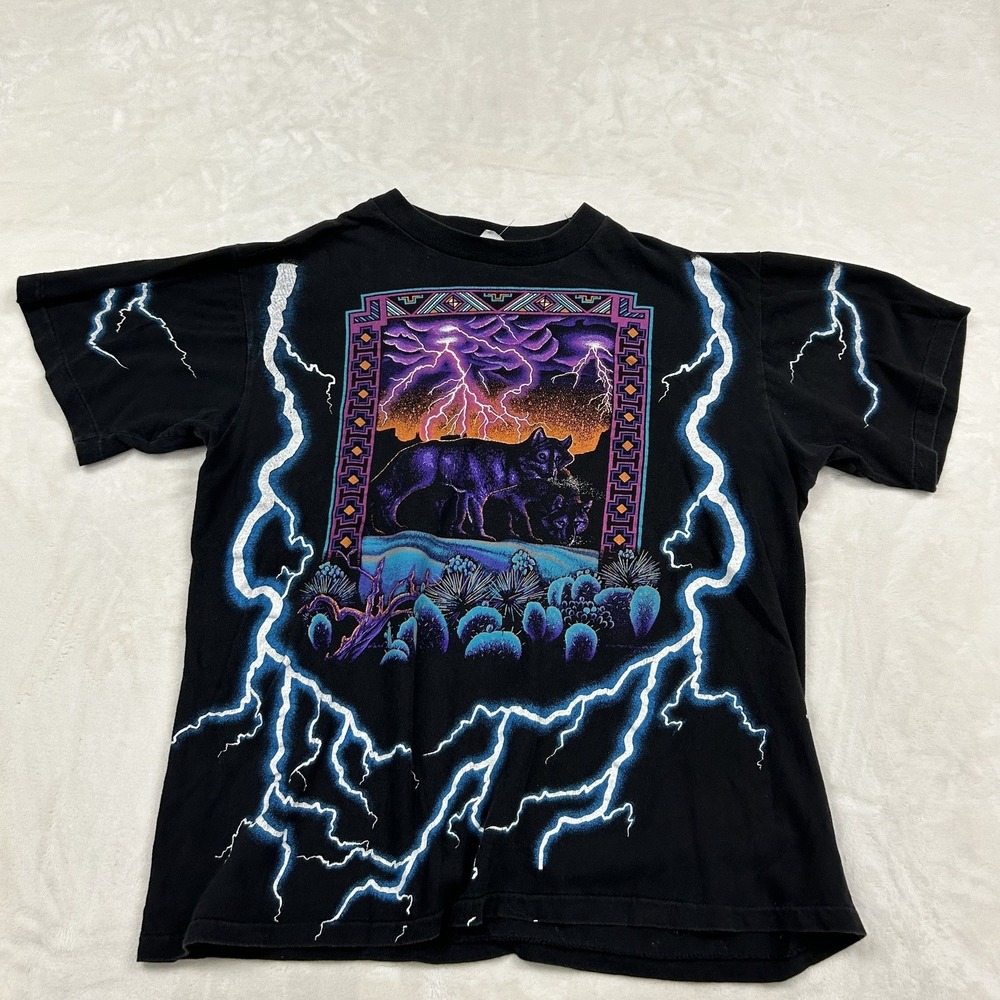 American spirit Graphic Tee Men XL Black Vintage Wolf Lightning Desert Southwest